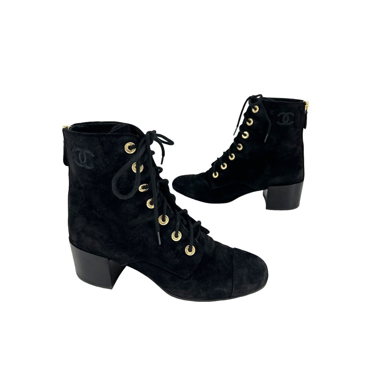 Chanel 2019 Interlocking Cc Logo Suede Lace-Up Boots Size 39